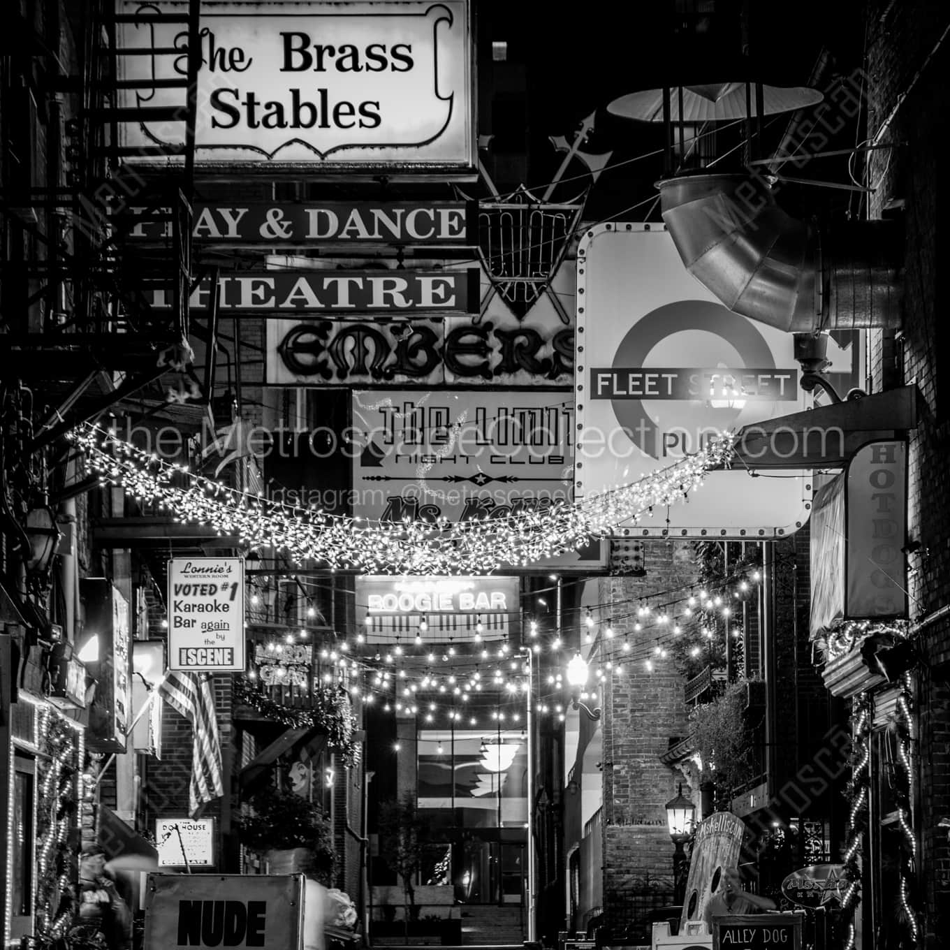 Brass Stables Printers Alley black and white: Square crop